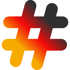 Hashtag in zwart, rood en geel.